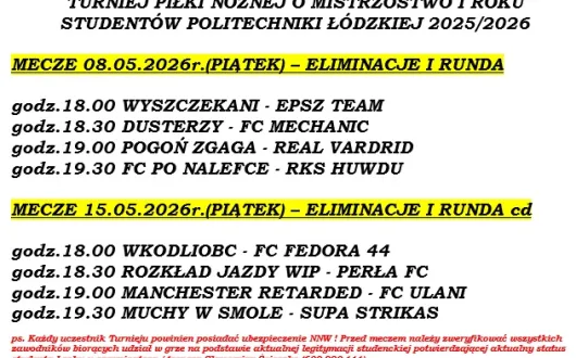 Poniżej przedstawiamy terminarz I rundy turnieju piłki nożnej o Mistrzostwo I roku 2025_2026