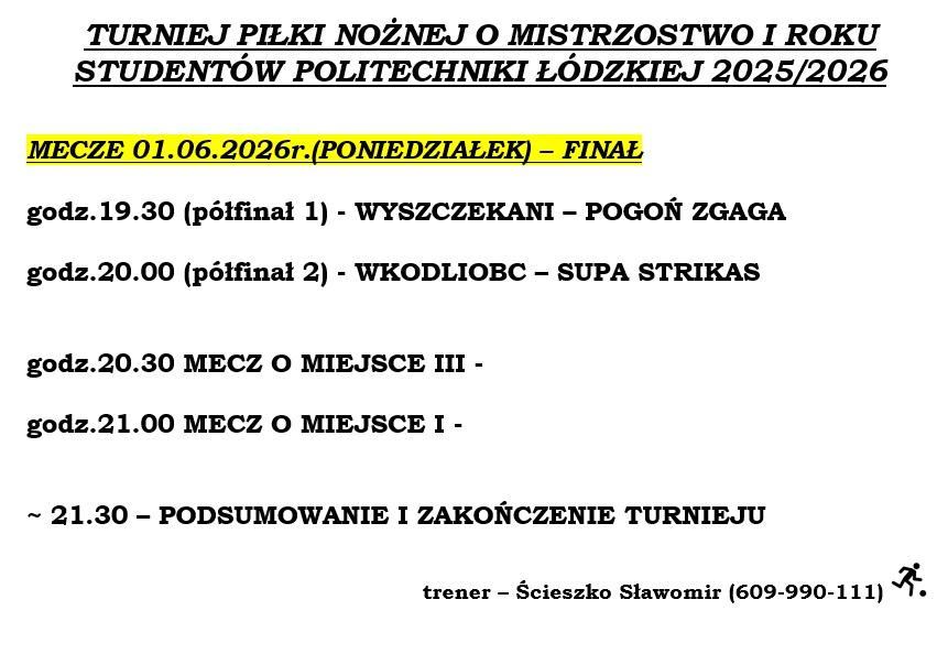 TERMINARZ RUNDY FINAŁOWEJ TURNIEJU PIŁKI NOŻNEJ O MISTRZOSTWO I ROKU STUDENTÓW POLITECHNIKI ŁÓDZKIEJ 2025/2026